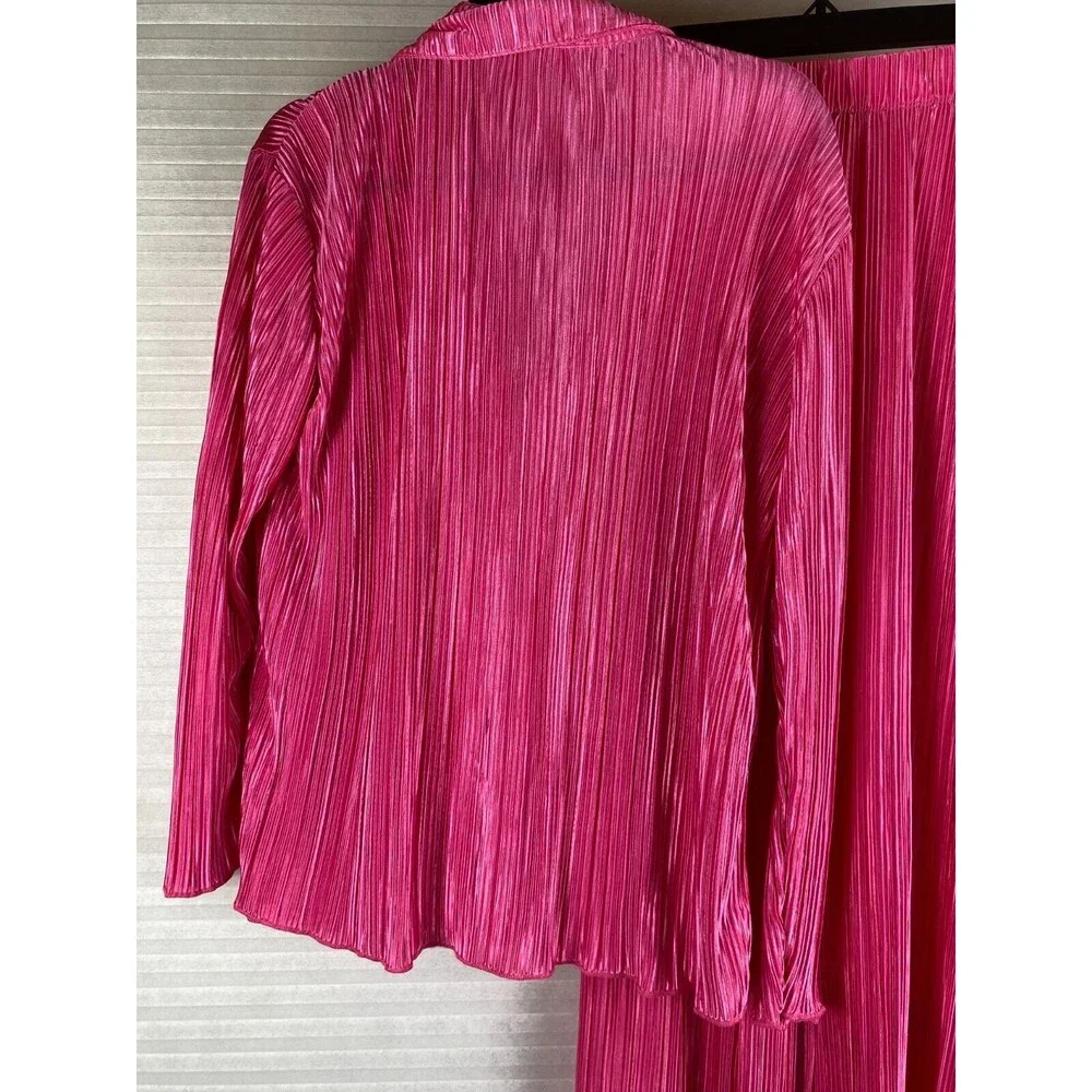 Fashion Nova 2pc Pants Top Sz S Pink Ribbed Long Sleeve Button Down V-Neck Sheer - Picture 8 of 16